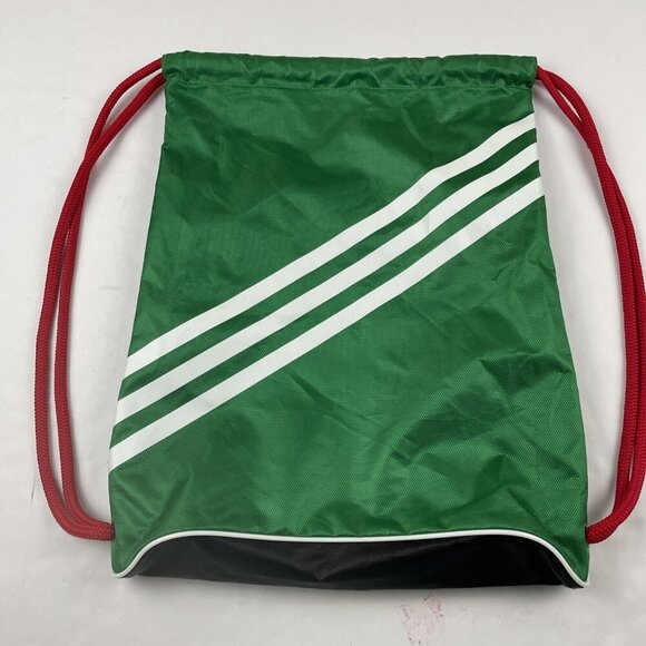 ADIDAS Drawstring Backpack Bag Poly Canvas Lightweight Green Red White Gym - Picture 2 of 6